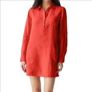 Michael Stars Eleanor 100% Linen Coral Roll Tab Long Sleeve Utility Shirt Dress